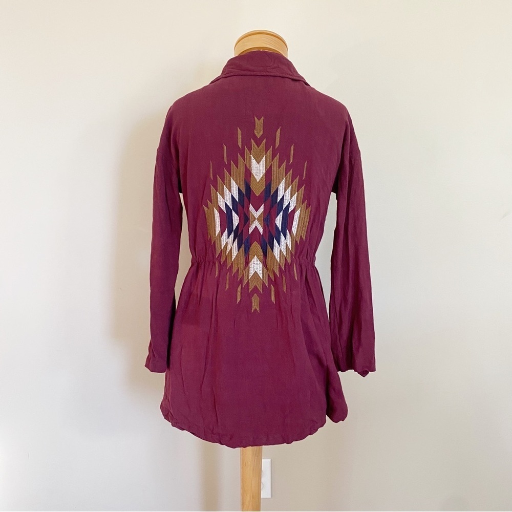 Southwest Embroidered Jacket Boho Aztec Utility Jacket Maroon Small
